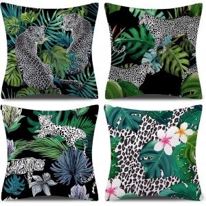 Housse De Coussin Décorative Motif Feuilles Tropicales Jungle, Lot De 4 - Neuf