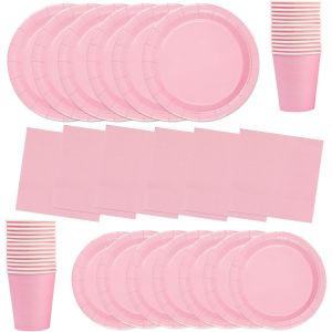 Kalanka-Lot De 64 Pièces De Vaisselle De Fête, Rose Clair, Avec Assiettes, Serviettes, Gobelets Et Assiettes À Dessert, Convient Pour Les Fêtes D'enfants, Les Anniversaires, La Décoration De Mariage - Neuf