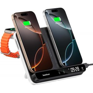 KALANKA-710A Chargeur sans Fil Double pour iPhone 16/15/14/13/12, Station de Charge Inductive pour Apple Watch 10/9/8/7/6/5/4/3/2/SE 2, Chargeur Induction pour 2 iPhone - Neuf