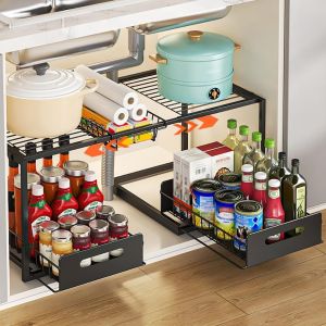 MEVRONISSHOP-Rangement sous Evier, Extensible Organisateur &agrave; 2 Niveaux en M&eacute;tal, Ajustable Coulissant Tiroir &Eacute;tag&egrave;res pour Placard Meuble Cuisine Salle Bain (Noir, A-Style) - Neuf