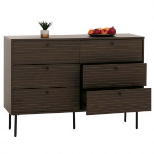 Commode HWC-N78, armoire sideboard, 6 tiroirs, style scandinave m&eacute;tal bois m&eacute;lamine MVG 85x120x40cmbrun fonc&eacute; - Neuf