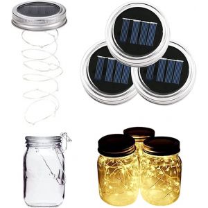 KAL-Lot De 3 Mason Jar Couvercle Guirlande Lumineuse Solaire Étanche 2M 20 Leds Lampe D`Ambiance Décoration Pour Diy Bocal Led, Bouteille, Maison, Noël, Mariage, Fête - Neuf