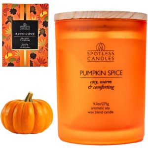 SANSH-Bougie à la citrouille et aux épices u2013 9.7 oz /275g u2013 Bougie à la citrouille dans un pot en verre dépoli orange avec couvercle en bois et mèche en bois crépitante dans un coffret cade - Neuf