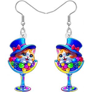 Kal-Boucles D'oreilles Pendantes En Acrylique Margarita En Verre Avec Motif Chat Hawa&iuml;en - Cadeau Pour Les Amoureux Des Chats - Cadeau Pour Femme Et Maman - Neuf
