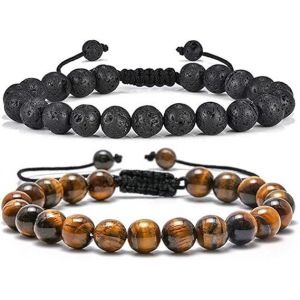 2 Pcs Perles Bracelets Pour Homme, Femme De Pierre Naturelle Pierre De Lave Oeil De Tigre De Gu&eacute;rison Des Cristaux R&eacute;glable Corde Bracelet Anniversaire Du Jour De P&egrave;re No&euml;l, De La Saint-Valentin Cadeau Pour Lui - Neuf