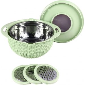 Passoire 4 En 1,Outils De Tranchage,Passoire En Acier Inoxydable,Panier De Lavage En Plastique,Bol &Agrave; M&eacute;langer,Trancheuse De L&eacute;gumes,Passoire &Agrave; Fruits De Cuisine,Bol Rose (Green) - Neuf