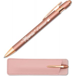Stylo tactile gravé Mamie d'amour Rose Cuivré avec étui en cuir - Idée cadeau fête des grands - mères - Stylo métal 2 en 1 personnalisé, gravure française - Neuf