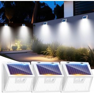 Lot De 3 Lampe Solaire Exterieur Detecteur De Mouvement, 176 Led Lumiere Ext&eacute;rieur Ip65 &Eacute;tanche Spot Solaire 3 Modes Eclairage Exterieure, Projecteur Ext&eacute;rieure Pour Jardin Garage, Cadre Blanc - Neuf