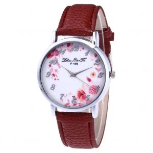 Zhoulianfa Simple Design Num&eacute;ro Fleur Motif Grand Cadran Pu Bracelet En Cuir Casual Montre (Marron) - Neuf