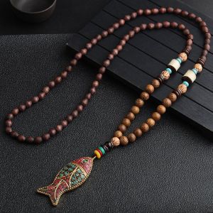 Colliers De Perles Pour Femmes, Long Pendentif En Pierre Et Perles De Bois, Collier En Bois Fait Main Pour Femmes, Bijoux Bohèmes - Neuf