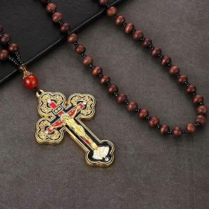 Orthodoxe Grand Crucifix Jésus Croix Pendentif Colliers Pour Hommes Femmes Rosaire Collier Bois Perles Chaînes Prière Religieuse Bijoux - Neuf