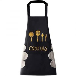 (Noir) Tablier De Cuisine Imperm&eacute;able Avec Poches Et C&ocirc;t&eacute; En Velours Corail Pour S'essuyer Les Mains, Serviette, Barbecue - Neuf