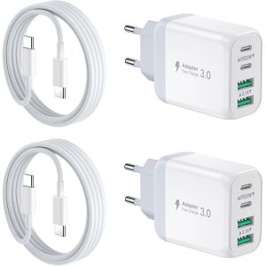 [2 Pack] Chargeur Mural Usb-C,40w 4port Qc+Pd 3.0 Power Adapter,Dual Fast Wall Plug With 2m Usb C To Usb C Cable Pour Iphone 15/15 Pro/ 15 Pro Max/15 Plus/14/13/12/11,Samsung Galaxy,Pixel-Blanc - Neuf