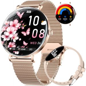 Montre Connect&eacute;e Femme, 1.43"" HD AMOLED Smartwatch avec Android iOS, Appel Bluetooth, Sant&eacute; Au F&eacute;minin/100+ Modes Sport,100+ Cadrans, Rappel Message, 5ATM &Eacute;tanch&eacute;it&eacute;,M&eacute;moire de 128 MB,Double Bracelet - Neuf