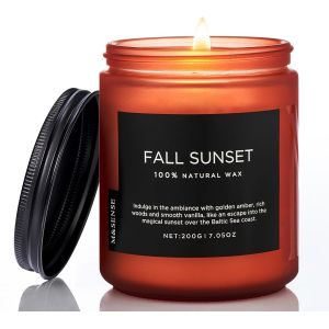 Bougies Parfumées en Soja Coucher de Soleil d`Automne 200g - 50h Parfum Épicé/Boisé, Aromathérapie Hiver/Automne, Cadeau Élégant/Relaxant Maison/Bureau - Neuf