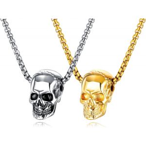 Kal-2 Pi&egrave;ces Cr&acirc;ne Collier Gothique Punk Bike Rock Hip Hop Pendentif Collier Hommes Et Femmes - Or Et Argent - Neuf