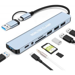 KAL-Hub Usb 3.0, Adaptateur De Type C 8 En 1 Avec 4 Ports De Type A, Lecteur De Carte Sd Microsd Et Adaptateur Audio Avec Jack 3,5 Mm, Rallonge Usb Pour Souris, Clavier, Lecteur Flash Et Imprimante, - Neuf