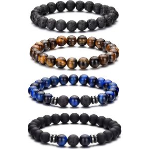 Kalanka-Bracelet ?il De Tigre Pour Hommes, Ensemble De Bracelets De Perles En Pierre Naturelle De 8mm, Bracelets Extensibles En Pierre De Lave, Réglables, En Perles De Cristal Noir, Cadeaux Pour Homm - Neuf