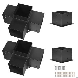 Kit De Supports Pour Pergola-Duoku-Ensemble De 4-Supports De Poteaux Bois 142x142 Mm-2 Connecteurs D'angle &Agrave; 4 Voies - Neuf