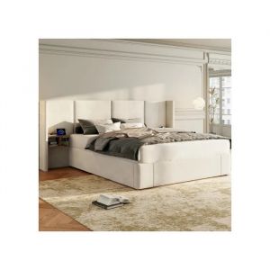 Lit rembourr&eacute; 160 x 200 cm avec sommier hydraulique &agrave; larges rebords, ports USB et prises &eacute;lectriques, couleur beige. - Neuf