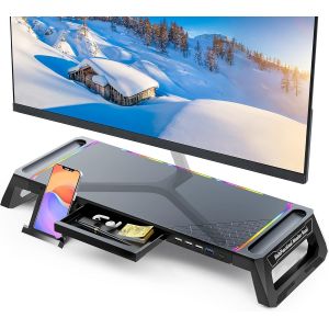 Support de Moniteur d'ordinateur de Bureau avec Hub USB 3.0&2.0 et Lumière RVB,Rehausseur d'écran Pliable avec Tiroir de Rangement,Support Téléphone et Porte-Plume pour PC/Laptop/iMac-Noir - Neuf
