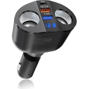 JGD-Double Prise Allume Cigare Adaptateur: PD30W QC3.0 USB Chargeur de Voiture Rapide avec Voltmè 120W Multi Prise 12V/24V DC Plug pour Phone, GPS, Dash Cam - Neuf