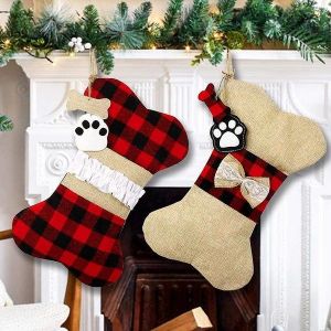 Lot De 2 Grandes Chaussettes De Noël En Forme D'os Pour Chiens - Toile De Jute Et Tissu Écossais Pour Chiens - Décoration De Noël Idéale Et Rangement De Cadeaux - Neuf