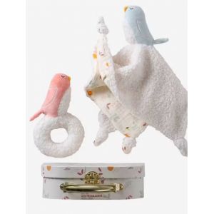 Doudou oiseau bleu Vertbaudet et hochet oisillon rose corail set valisette b&eacute;b&eacute; soft toy bird baby - Neuf