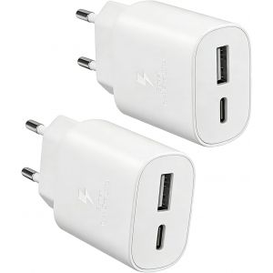 JGD-25W Chargeur USB C Secteur Charge Rapide pour iPhone 16 15 14 13 12 11 Pro Max SE XS, Samsung Galaxy S25/S24/S23/S22/S21 Ultra/S20/S20+/Note 20/10/9/8/A73/A53/A52/S10, Mural Alimentation Prise 2P - Neuf