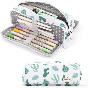 Agoobaby Grande Trousse À Crayons Grande Capacité 3 Compartiments Pochette À Crayons En Toile Pour Adolescents Garçons Filles Ecoles (Cactus Vert) - Neuf