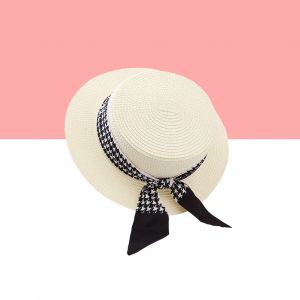 Ruban À Lacets Décor Plat Dôme Chapeau De Soleil Femmes À Large Bord Crème Solaire Chapeau De Paille Accessoires De Mode-Beige - Neuf