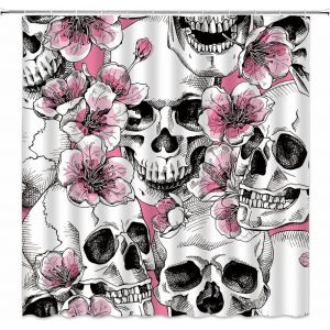 Rideau de douche tête de mort Halloween (180 x 200 cm), motif floral, gothique, squelette, horreur, décoration intérieure au crochet - Neuf
