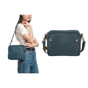 Sac bandouli&egrave;re en cuir PU trois couches - Bleu - Neuf