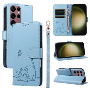 SATURCASE Coque pour Samsung Galaxy S23 Ultra, Chat Mignon PU Cuir Magnétique Flip Portefeuille Support Porte-Carte Dragonne Protecteur Housse Étui pour Samsung Galaxy S23 Ultra (ZC-Bleu) - Neuf
