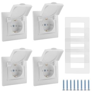 Prises Encastr&eacute;es 1 voie 4 Pi&egrave;ces 16 A 250 V Prise Murale Etanche Int&eacute;rieure et Ext&eacute;rieure avec Contact,Prise avec Couvercle &agrave; Charni&egrave;re pour Salle de Bain Cuisine Garage Blanc - Neuf