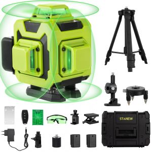 Niveau laser 4 x 360&deg;, vert Lignes laser vertes horizontales et verticales 4D &agrave; 16 lignes, t&eacute;l&eacute;commande int&eacute;gr&eacute;e, 2 piles 2400 mAh - Neuf