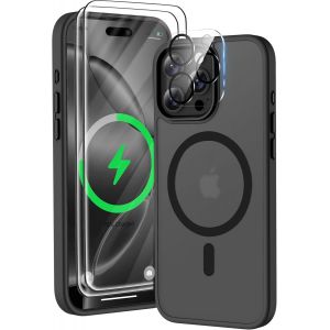 Eryi-Coque Pour Iphone 16 Pro Avec 2 Verre Trempé Et 1 Caméra Protecteur, Translucide Mat Arrière Housse Fine Antichoc Magnétique Coque Pour Iphone 16 Pro Case Compatible Avec Mag-Safe 6.3"" Noir - Neuf
