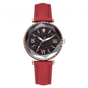 Montre-Bracelet A Quartz Pour Femme, Bracelet En Pu, Chiffres Romains, Cadran Rond, Rouge - Neuf
