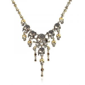Halloween Personnalité Exagérée Rétro Tête De Mort Pompon Collier Pendentif Avec Boîte-Cadeau - Neuf
