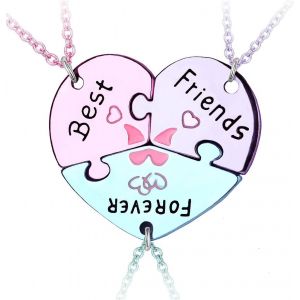 3 Pi&egrave;ces Collier Bff Pendentif Grav&eacute; Best Friends Forever And Ever Heart Shaped Puzzle Pendentif Friendship Necklace Sisters Friends Gift (Purple Pink Blue) - Neuf