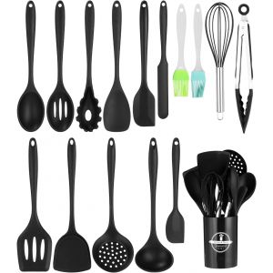 Mevronisshop-Ustensiles De Cuisine En Silicone,15 Pcs Set Noir D'accessoires De Cuisine,Sans Bpa, Antiadh&eacute;sive Anti Rayures Cuisine Accessoires,Set De Cuisson Avec Pot De Rangement - Neuf