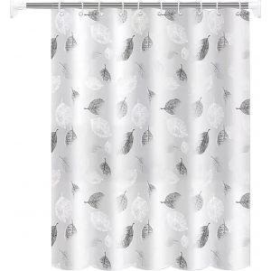 KALANKA-Rideau de Douche 180x200cm Gris Anti Moisissure Blanc la Feuille Lavable Rideau avec 12 Crochets &agrave; Rideaux - Neuf