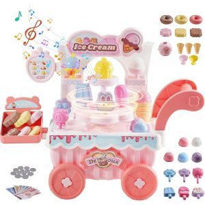 ERYI-Chariot À Glaces Pour Enfants, 27 Accessoires, Jeu D'Imitation De Stand Glacier, Avec Espace De Rangement, Effets Sonores Et Lumineux, Jouet Éducatif Montessori Pour Tout-Petits De 3 Ans Et Plus - Neuf