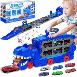 KAJGL-Camion De Transport Dinosaure,Voiture Jouet Portable Dinosaur Truck,Camion De Course Pliable Double Couche Avec 6 Voitures De Course,Transporteur Voiture Jouet Set,Cadeau Pour 3 4 5 6 Ans Garco - Neuf