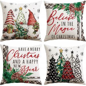 CAUC-Lot de 4 housses de coussin d&eacute;coratives modernes pour canap&eacute;, salon, jardin, 40 x 40 cm, motif sapins de No&euml;l nains, noires - Neuf
