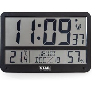 STAB HIGH TECH PARTS Horloge numérique Radio-pilotée St DAT2 ¿ Affichage année, Jour et Mois en Lettres, Heure, température et humidité ¿ Alarme - Accroche Murale/Pied ¿ 7 Langues ¿ 37 x 24 x 2 cm - Neuf
