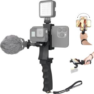 LORANKA-2en1 Ergonomique Hand Grip Stabilisateur Smartephone Cam&eacute;ra Sport Kit de Support Poign&eacute;e Portable pour Youtube Tiktok Voyage Video Vlog Compatible avec Gopro iPhone - Micro/Video LED Light Ad - Neuf