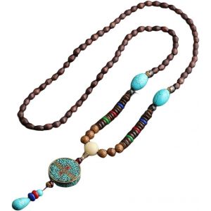Vintage En Perles Long Collier Chaîne Chandail Sculpture Sur Bois Naturel Ethnique Blue Mantra De Six Caractères Bohemian Unisexe Simple Vêtements Accessoires - Neuf