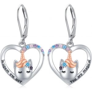 Chenquansarl-Boucles D'oreilles Licorne En Argent Sterling 925 - En Forme De Coeur - Hypoallerg&eacute;niques - Pour Femme, Fille, M&egrave;re, Petite Amie - Cadeau, 16mm, Argent Sterling, Zircone Cubique - Neuf