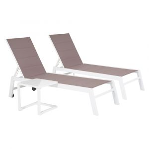 Set 2 Bains De Soleil Et Table D'appoint Barbados En Textil&egrave;ne Taupe - Aluminium Blanc - Neuf